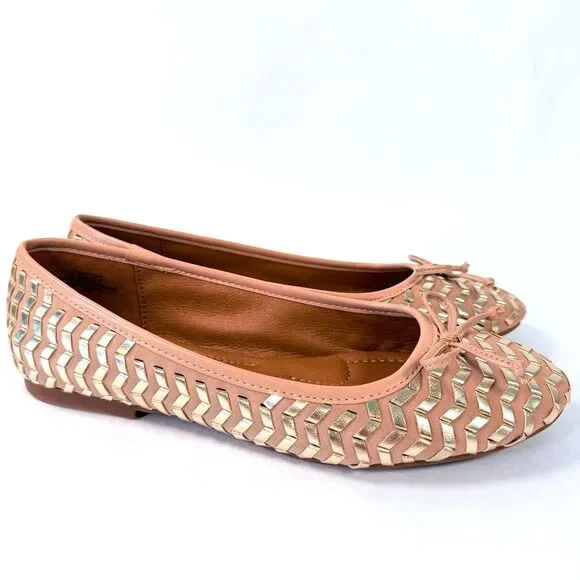 NWOT Lucky Brand Women 8.5 Sargena Ballet Flat Nude Blush Gold Metallic Chevron - Picture 2 of 10